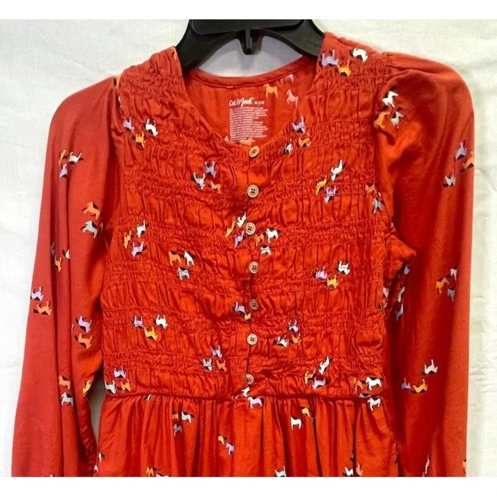 Cat & Jack Rust Orange Smocked Horse Pony Long Sleeved Girl's Dress XL 14